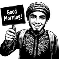 schwarz und Weiß Silhouette von ein Muslim Kerl Sprichwort Hallo und gut Morgen vektor