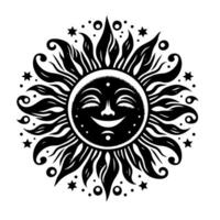 svart och vit silhuett av en Sol symbol med en leende Lycklig ansikte vektor