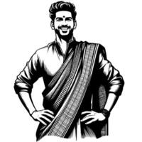 svart och vit silhuett av en indisk kille i en positiv Lycklig utgör vektor