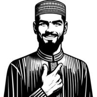 schwarz und Weiß Silhouette von ein Muslim Kerl lächelnd und halten Daumen oben vektor