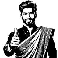 svart och vit silhuett av en indisk kille i en positiv Lycklig utgör och innehav tummen upp vektor