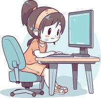 illustration av en flicka använder sig av en dator medan Sammanträde på henne skrivbord vektor