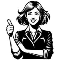 svart och vit silhuett av en kvinna företag kvinna chef innehav tummen upp i en företag utrusta vektor
