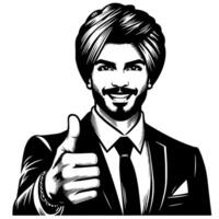 svart och vit silhuett av en indisk kille i en positiv Lycklig utgör och innehav tummen upp vektor