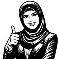 svart och vit silhuett av en grupp av en kvinna muslim kvinna innehav tummen upp i en tillfällig utrusta vektor
