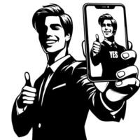 schwarz und Weiß Silhouette von ein indisch Kerl mit ein Smartphone und Daumen oben vektor