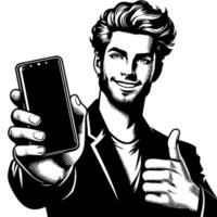schwarz und Weiß Silhouette von ein indisch Kerl mit ein Smartphone und Daumen oben vektor