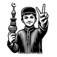 svart och vit silhuett av en muslim kille som visar de fred tecken klottra vektor