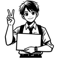schwarz und Weiß Silhouette von ein Schüler Kerl zeigen das Frieden Zeichen kritzeln vektor