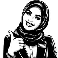 schwarz und Weiß Silhouette von ein Gruppe von ein weiblich Muslim Frau halten Daumen oben im ein beiläufig Outfit vektor