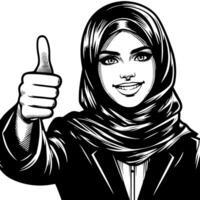svart och vit silhuett av en grupp av en kvinna muslim kvinna innehav tummen upp i en tillfällig utrusta vektor