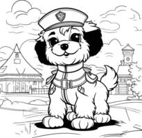 schwarz und Weiß Karikatur Illustration von süß Hündchen Matrose oder Polizei Hund zum Färbung Buch vektor