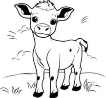 svart och vit illustration av en söt liten kalv stående i de gräs. vektor