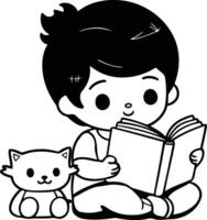 Junge lesen ein Buch mit Katze. süß Karikatur Illustration. vektor