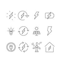 Energie Symbol Satz. einfach Gliederung Stil. elektrisch, Leistung, speichern, Solar- Tafel, Batterie, Licht, Aufladung, Wind Turbine, Grün Energie Konzept. dünn Linie Symbol. isoliert. vektor