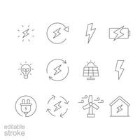 Energie Symbol Satz. einfach Gliederung Stil. elektrisch, Leistung, speichern, Solar- Tafel, Batterie, Licht, Aufladung, Wind Turbine, Grün Energie Konzept. dünn Linie Symbol. isoliert. editierbar Schlaganfall. vektor