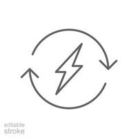 Blitz elektrisch Symbol. einfach Gliederung Stil. Bolzen mit Recycling Drehung Pfeil Zeichen, Kreis, Kapazität, verlängerbar Energie Konzept. dünn Linie Symbol. isoliert. editierbar Schlaganfall. vektor