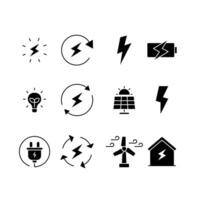 Energie Symbol Satz. einfach solide Stil. elektrisch, Leistung, speichern, Solar- Tafel, Batterie, Licht, Aufladung, Wind Turbine, Grün Energie Konzept. schwarz Silhouette, Glyphe Symbol. isoliert. vektor