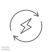 Blitz elektrisch Symbol. einfach Gliederung Stil. Bolzen mit Recycling Drehung Pfeil Zeichen, Kreis, Kapazität, verlängerbar Energie Konzept. dünn Linie Symbol. isoliert. editierbar Schlaganfall. vektor