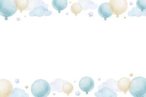 Rahmen von Blau Luft Luftballons Wolken und Sterne . Aquarell isoliert Hand gezeichnet Illustration. Kranz zum Postkarten, Dekoration von Kinder- Räume und Party, Baby Dusche und Geburtstag Karten vektor