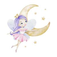 söt liten fe- med ljus blå vingar, halvmåne måne och stjärnor. isolerat hand dragen vattenfärg illustration. design för barn varor, kläder, vykort, bebis dusch och barns rum vektor
