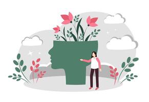 personlig tillväxt. huvud med blommor. mental hälsa och mental balans. positiv tänkande vektor