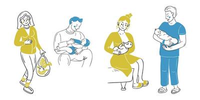 familj klotter uppsättning med nyfödd och den föräldrar. kontur platt klotter illustration isolerat på vit bakgrund. hälsa vård och växande upp begrepp för logotyp vektor