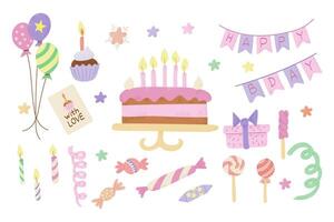 Süßigkeiten Pastell- Geburtstag Hand gezeichnet eben Satz. modisch texturiert Abbildungen mit Artikel zum Kinder Party mit Kuchen und Süßigkeiten isoliert auf Weiß Hintergrund vektor