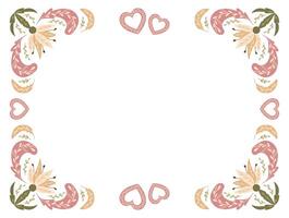 botanisch Hochzeit Einladung im Jahrgang Volk Stil mit abstrakt Blumen und dekoriert Herzen. Blumen- horizontal Symmetrie Illustration im stumm geschaltet Farben zum Hochzeit. Banner, Karte Vorlage isoliert vektor