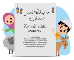 eid al adha Gruß Karte mit mit Abbildungen von Muslime Kinder und Opfern Ziegen vektor