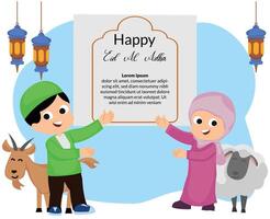 Lycklig eid al Adha firande med illustration av söt par liten barn muslim och djur- get offer- vektor
