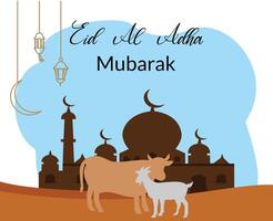 glücklich eid al adha Hintergrund mit Illustration von Moschee und Tier Ziege und Kuh Opfer vektor