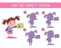 Spiel zum Kinder. finden richtig Schatten. süß wenig Mädchen mit Zeichnung. Karikatur Charakter. Illustration. vektor