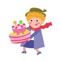 söt mormor i hatt med kaka för barnbarn. födelsedag. tecknad serie isolerat illustration för design. vektor