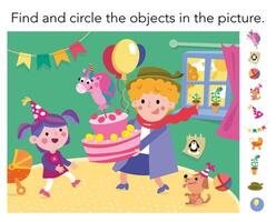 hitta dold objekt. spel för barn. födelsedag fest. söt tecknad serie tecken. illustration. vektor