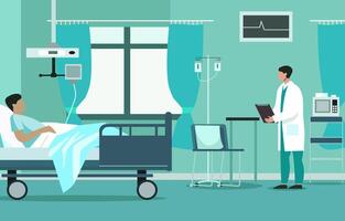 eben Design Illustration von männlich Arzt prüfen geduldig Gesundheit im Krankenhaus stationär Zimmer vektor