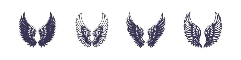 uppsättning av par av Hök Örn ängel vingar fjädrar hand dragen illustration vektor