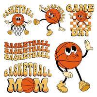 tecknad serie karaktär av basketboll boll i retro stil. uppsättning av illustrationer i platt stil. basketboll. rolig trendig retro stil häftig basketboll karaktär. text, spel dag. vektor