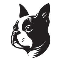 hund logotyp - en fundersam boston terrier hund ansikte illustration i svart och vit vektor