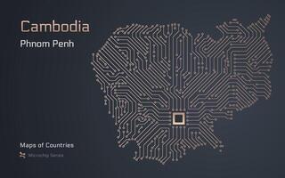 cambodia Karta med en huvudstad av phnom penh visad i en mikrochip mönster med processor. e-förvaltning. värld länder Kartor. mikrochip serier vektor