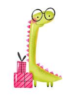 Grün Karikatur Dinosaurier feiern Geburtstag mit Geschenke und Ball vektor