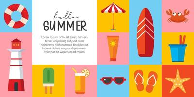 Hallo Sommer- Poster und Banner Design. Sommer- mit Objekte Elemente Hintergrund. vektor