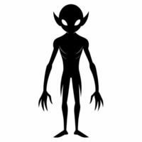 schwarz Silhouette von ein Außerirdischer isoliert auf Weiß Hintergrund. Humanoid Figur. Grafik Kunst. Konzept von außerirdisch, Sci-Fi Design, Raum Charakter. Symbol, drucken, Piktogramm, Design Element vektor