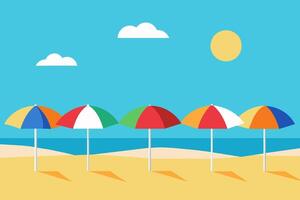 bunt Strand Regenschirme gefüttert oben auf ein sandig Strand mit klar Blau Himmel und hell Sonnenlicht. Konzept von Strand Erholungsort, Sommer- Urlaub, Sonne Schutz, und Freizeit. Grafik vektor