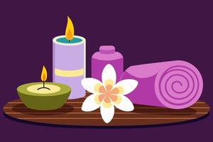 elegant lila Spa Rahmen mit zündete Kerzen, Blumen, Handtücher. beruhigend Wellness Rückzug zum Entspannung. Konzept von Luxus thailändisch Spa, Ruhe, Genuss. Grafik Illustration. drucken, Design Element vektor
