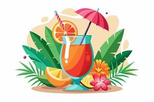uppfriskande tropisk cocktail isolerat på vit yta vibrerande frukt dryck i blommig miljö. begrepp av sommar drycker, exotisk drycker, fritid. design element. skriva ut. grafisk illustration. vektor
