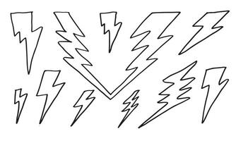 einstellen von Hand gezeichnet Gekritzel elektrisch Blitz Bolzen Symbol skizzieren Illustrationen. Donner Symbol Gekritzel Symbol. vektor