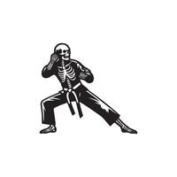 Skelett Schädel Karate Kämpfer auf Kampf Modus Silhouette schwarz und Weiß Farbe Design vektor