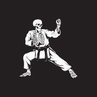 skelett skalle karate kämpe på bekämpa läge silhuett svart och vit Färg design vektor