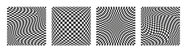 svart och vit abstrakt fyrkant bakgrunder. geometrisk rutig styrelse. optisk illusion, modern konst. psychedelic häftig virvlar runt. hippie täcker, affischer, kort, banderoller. illustration. vektor